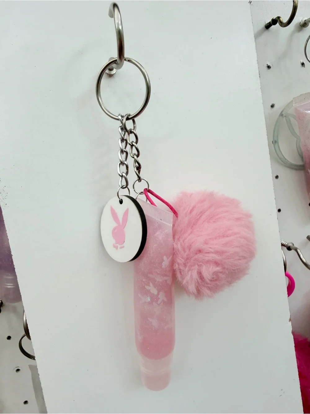 Pink Bunny Pom Pom Lip Gloss Keychain